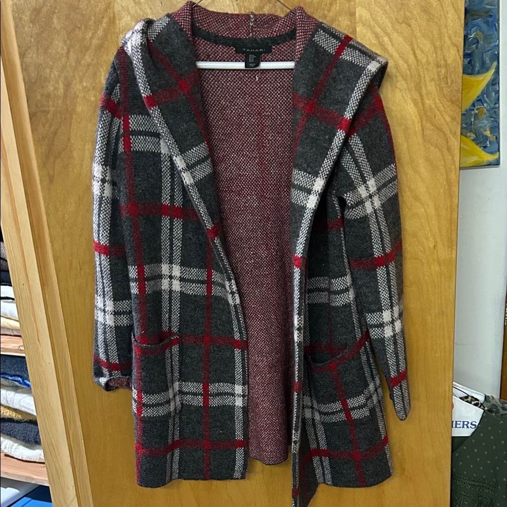 Tahari Red and Gray Plaid Hooded Cardigan
